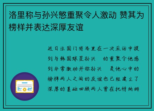洛里称与孙兴慜重聚令人激动 赞其为榜样并表达深厚友谊